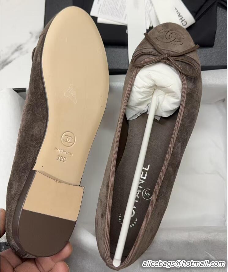 Low Cost Chanel CC Ballet Flat With Bow Suede CH1023 Dark Brown