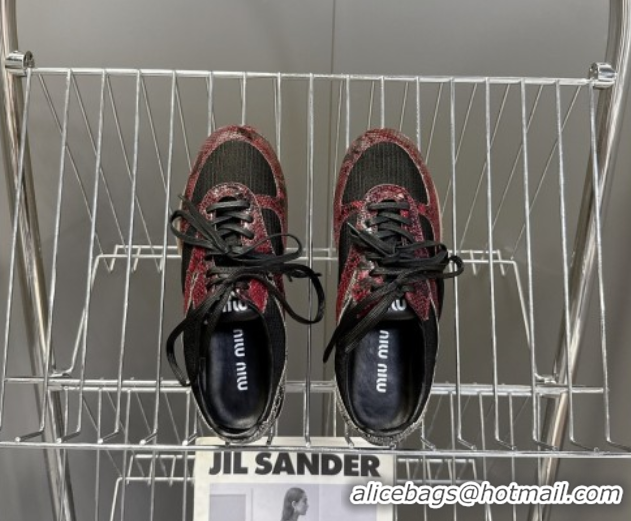 Grade Quality Miu Miu Gymnasium Sneakers in Python Print Leather and Technical Fabric Red/Black 1024110