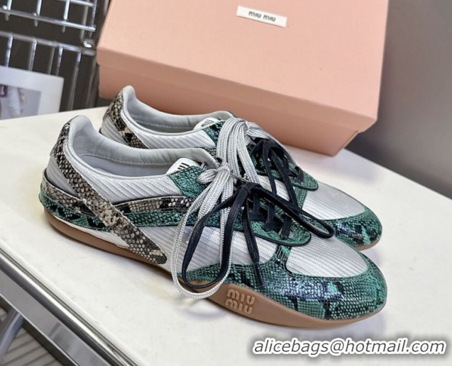 Low Price Miu Miu Gymnasium Sneakers in Python Print Leather and Technical Fabric Grey/Green 5102411