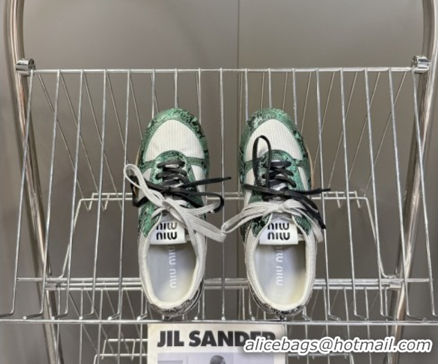 Low Price Miu Miu Gymnasium Sneakers in Python Print Leather and Technical Fabric Grey/Green 5102411