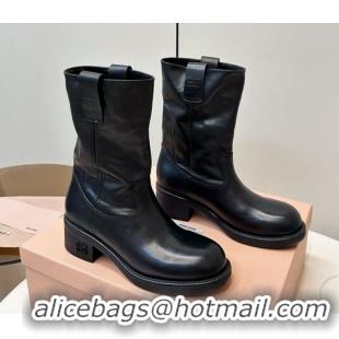 Pretty Style Miu Miu Leather Ankle Boots with Logo Strap Black MM102402 51024115