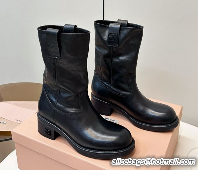 Pretty Style Miu Miu Leather Ankle Boots with Logo Strap Black MM102402 51024115