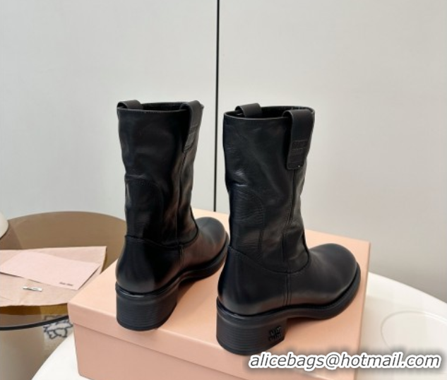 Pretty Style Miu Miu Leather Ankle Boots with Logo Strap Black MM102402 51024115