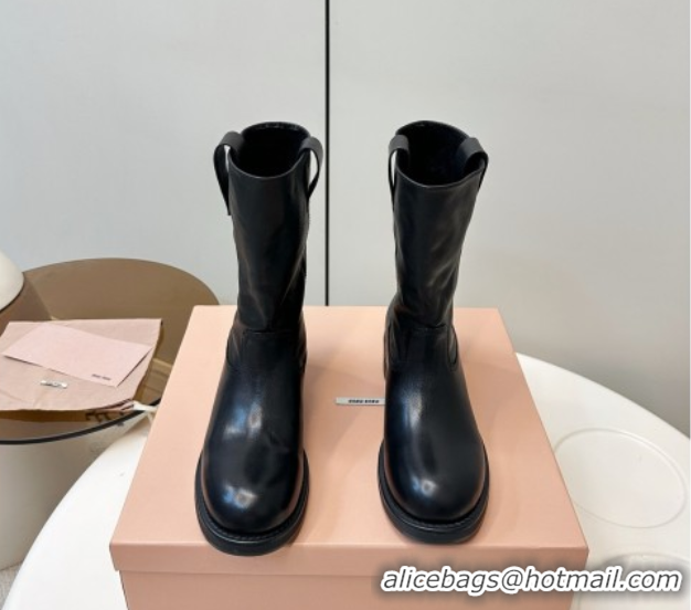 Pretty Style Miu Miu Leather Ankle Boots with Logo Strap Black MM102402 51024115