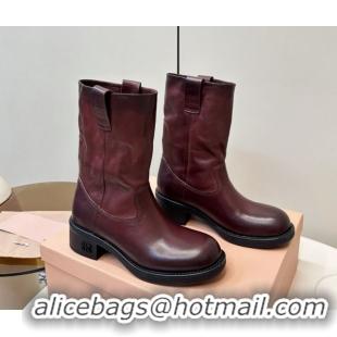 Best Grade Miu Miu Leather Ankle Boots with Logo Strap Dark Brown MM102402 1024116