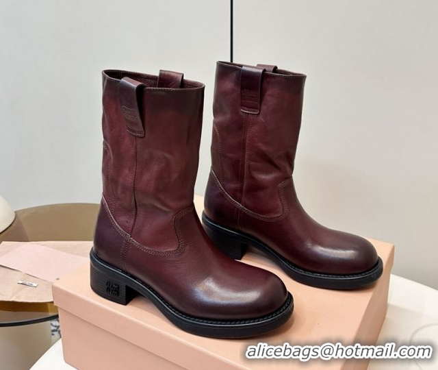 Best Grade Miu Miu Leather Ankle Boots with Logo Strap Dark Brown MM102402 1024116
