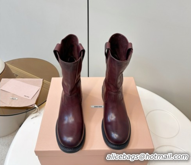 Best Grade Miu Miu Leather Ankle Boots with Logo Strap Dark Brown MM102402 1024116