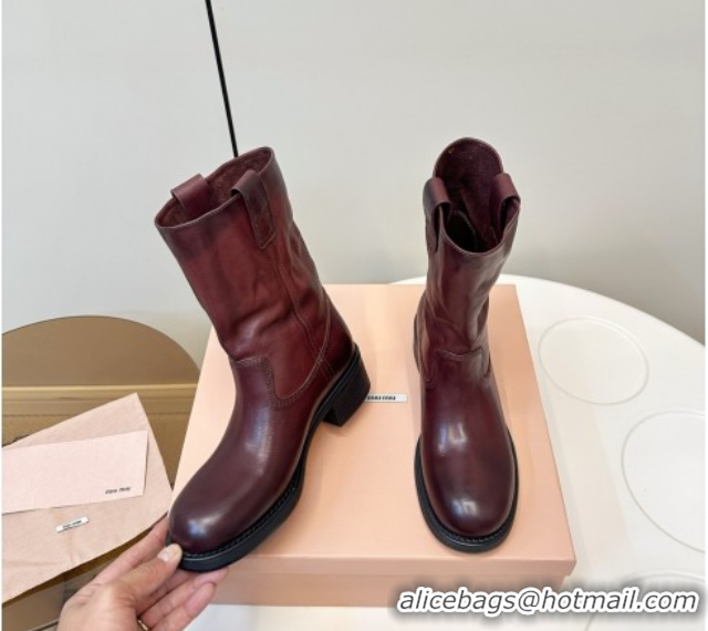 Best Grade Miu Miu Leather Ankle Boots with Logo Strap Dark Brown MM102402 1024116