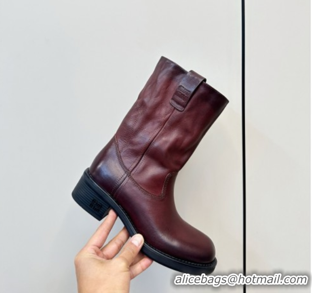 Best Grade Miu Miu Leather Ankle Boots with Logo Strap Dark Brown MM102402 1024116