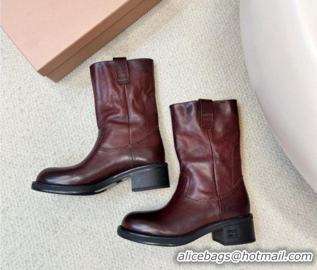 Best Grade Miu Miu Leather Ankle Boots with Logo Strap Dark Brown MM102402 1024116