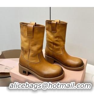 Unique Style Miu Miu Leather Ankle Boots with Logo Strap Yellow MM102402 1024117