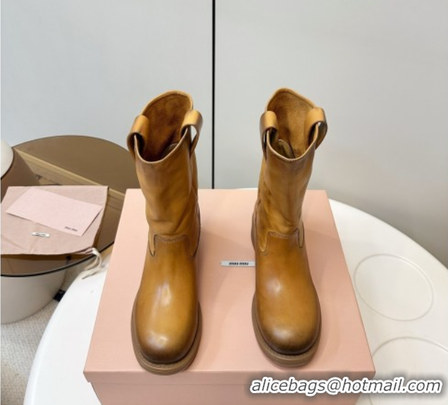 Unique Style Miu Miu Leather Ankle Boots with Logo Strap Yellow MM102402 1024117