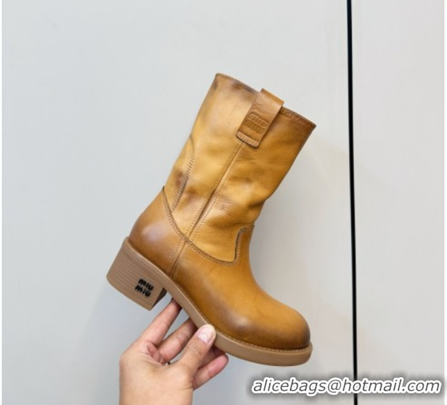 Unique Style Miu Miu Leather Ankle Boots with Logo Strap Yellow MM102402 1024117