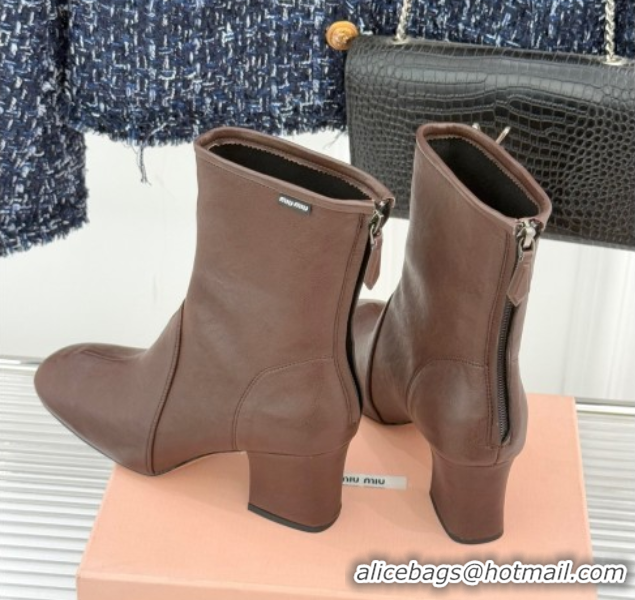 Cheap Miu Miu Nappa Leather Heel Ankle Boots 5cm with Logo Tag Dark Brown 5T557E 1024122