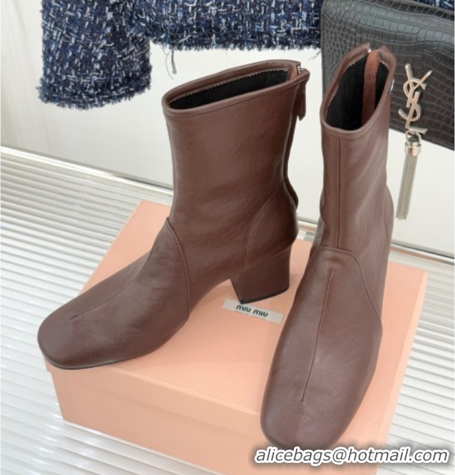 Cheap Miu Miu Nappa Leather Heel Ankle Boots 5cm with Logo Tag Dark Brown 5T557E 1024122