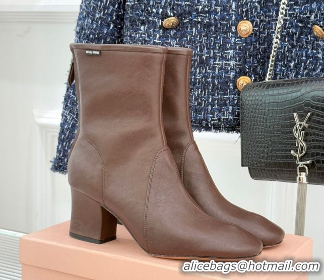 Cheap Miu Miu Nappa Leather Heel Ankle Boots 5cm with Logo Tag Dark Brown 5T557E 1024122