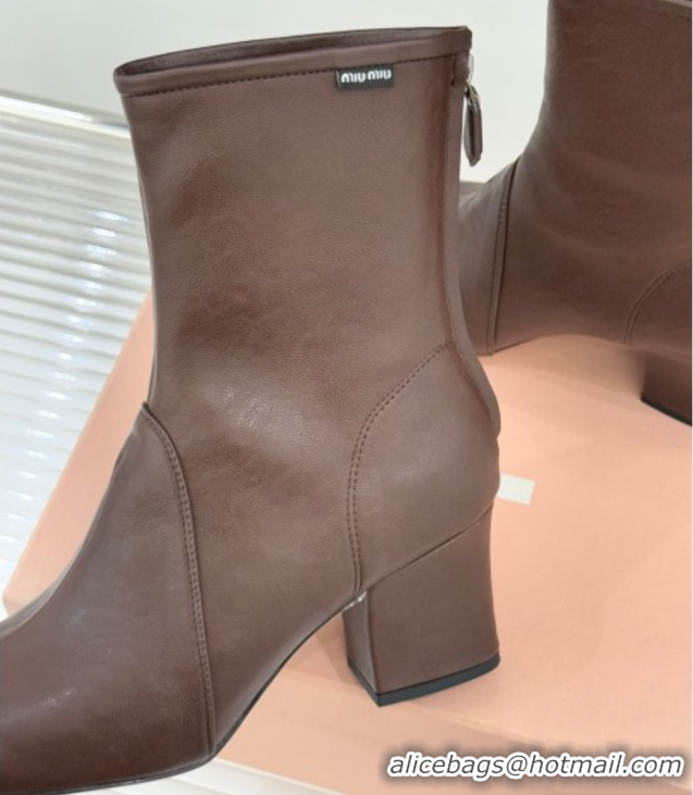 Cheap Miu Miu Nappa Leather Heel Ankle Boots 5cm with Logo Tag Dark Brown 5T557E 1024122
