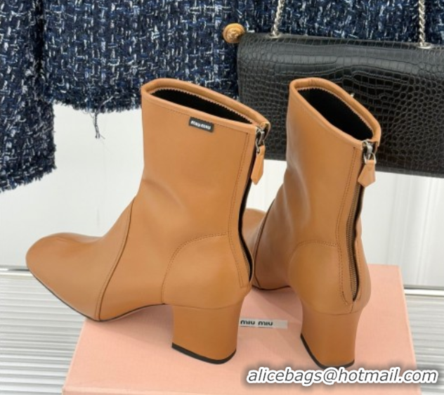 Top Design Miu Miu Nappa Leather Heel Ankle Boots 5cm with Logo Tag Light Brown 5T557E 1024124
