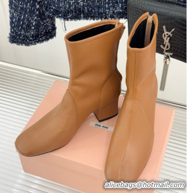 Top Design Miu Miu Nappa Leather Heel Ankle Boots 5cm with Logo Tag Light Brown 5T557E 1024124