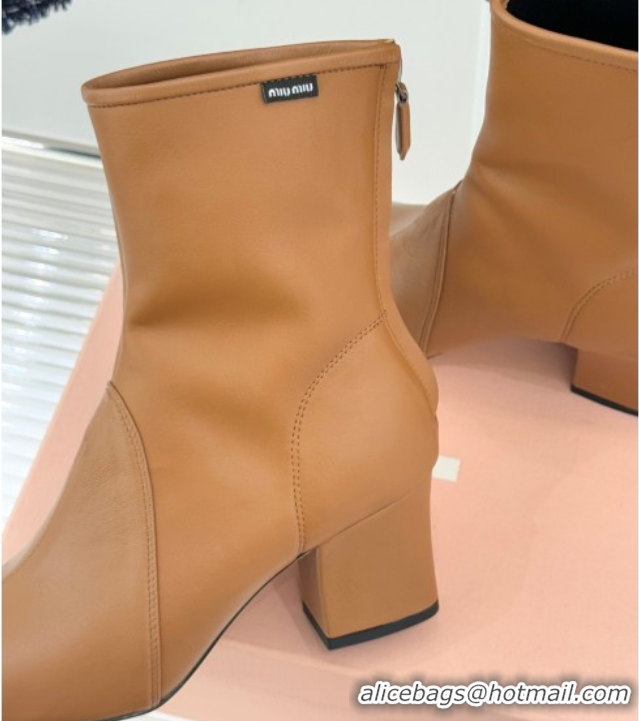 Top Design Miu Miu Nappa Leather Heel Ankle Boots 5cm with Logo Tag Light Brown 5T557E 1024124