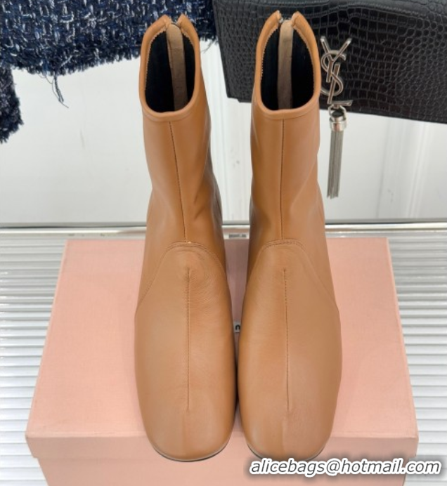 Top Design Miu Miu Nappa Leather Heel Ankle Boots 5cm with Logo Tag Light Brown 5T557E 1024124