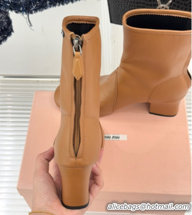 Top Design Miu Miu Nappa Leather Heel Ankle Boots 5cm with Logo Tag Light Brown 5T557E 1024124