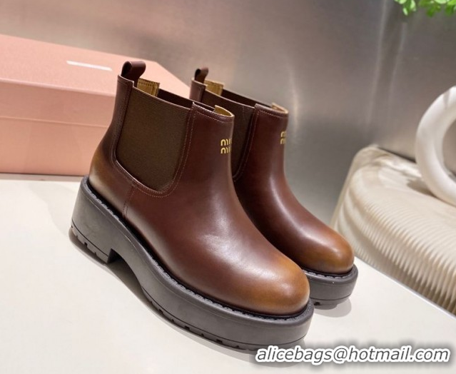 Good Looking Miu Miu Faded Leather Platform Ankle Boots Brown MM102403 1024126