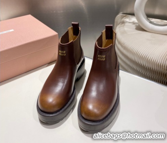 Good Looking Miu Miu Faded Leather Platform Ankle Boots Brown MM102403 1024126
