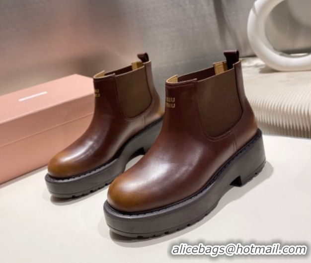 Good Looking Miu Miu Faded Leather Platform Ankle Boots Brown MM102403 1024126