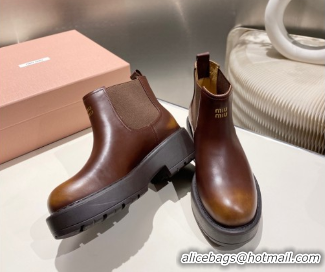 Good Looking Miu Miu Faded Leather Platform Ankle Boots Brown MM102403 1024126