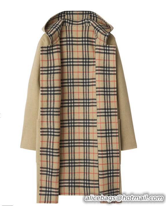 ​Top Quality Burberry Reversible Wool Hooded Wrap Coat B8912 Sand