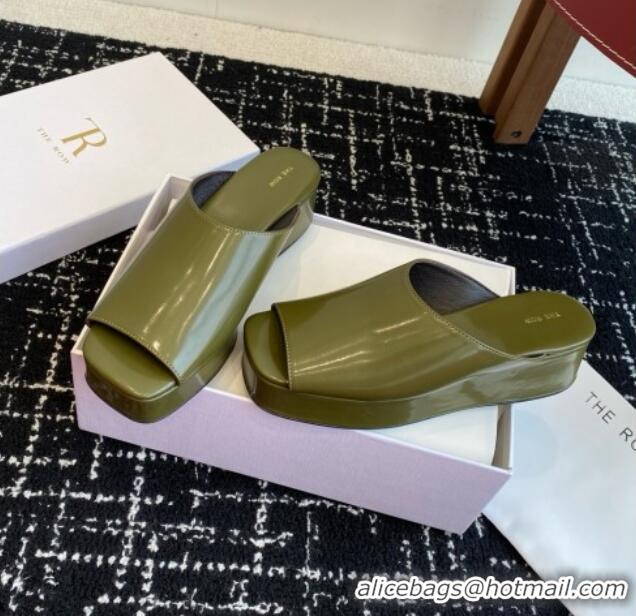 New Stylish The Row Emi Flatform Sandal in Polished Calfskin 5.5cm Heel TR1405 Green 2025