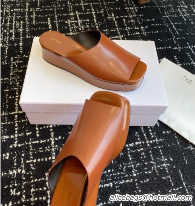 Newest 2015 The Row Emi Flatform Sandal in Polished Calfskin 5.5cm Heel TR1406 Brown 2025