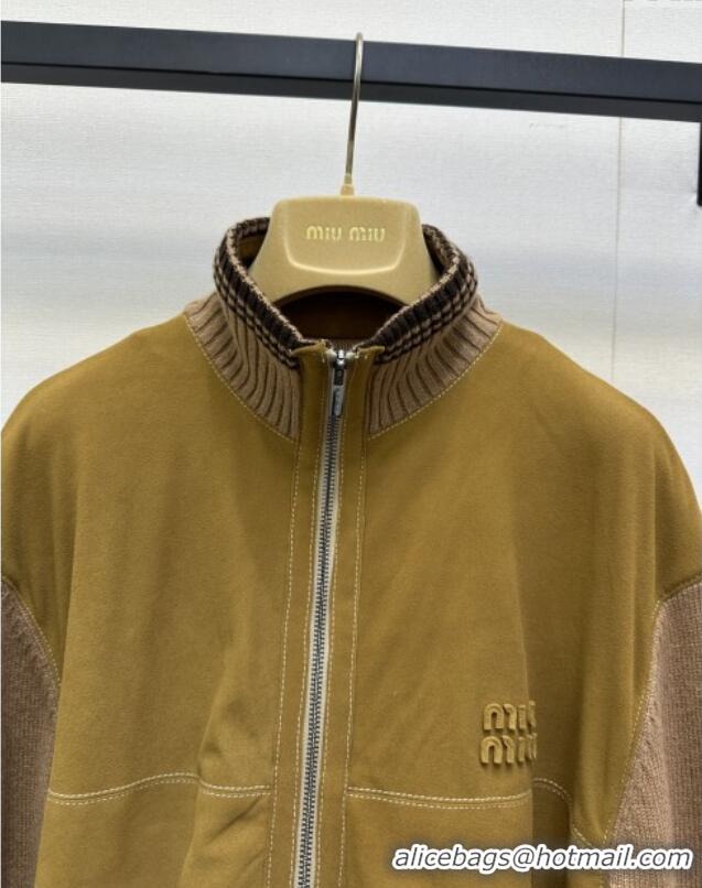 Modern Discount Miu Miu Lamb Leather Suede and Knit Jacket MM101419 Brown/Yellow 2025