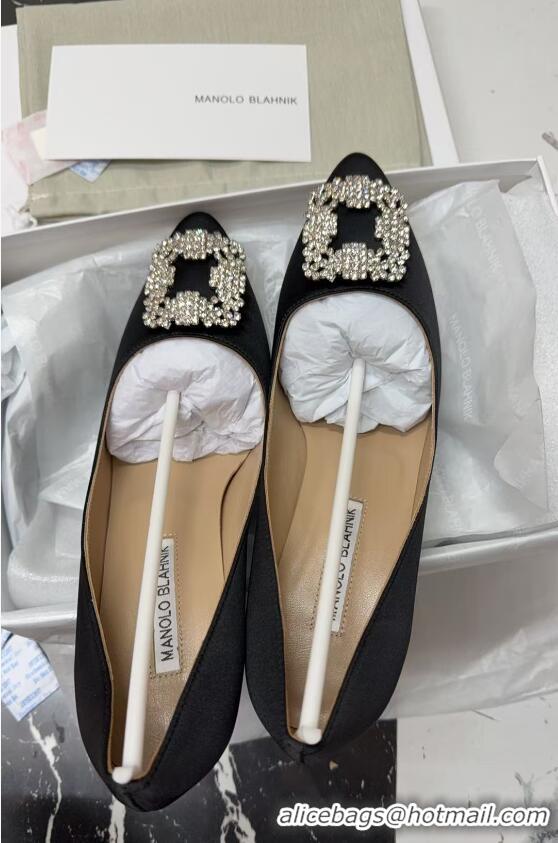 ​High Quality Manolo Blahnik Hangisi Satin Pumps 7cm with Silver Buckle 1225019 Black