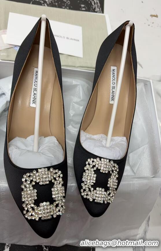 ​High Quality Manolo Blahnik Hangisi Satin Pumps 7cm with Silver Buckle 1225019 Black