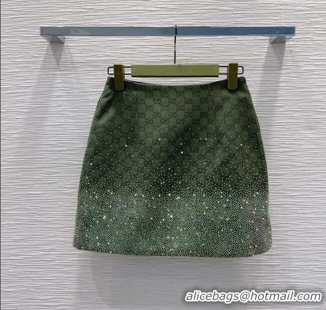 Best Quality Gucci GG and Cotton Padded Mini Skirt with Strass 1015 Green 2025
