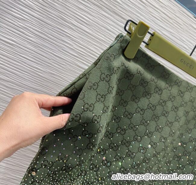 Best Quality Gucci GG and Cotton Padded Mini Skirt with Strass 1015 Green 2025