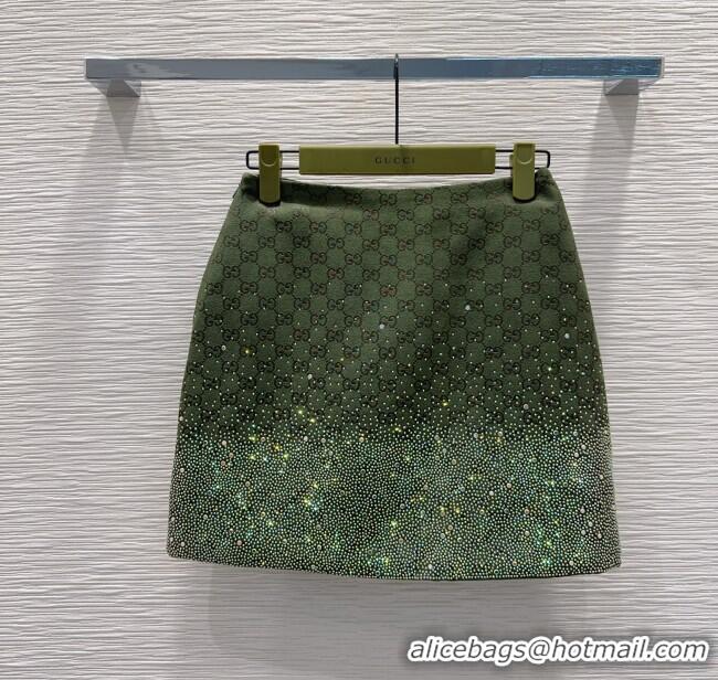 Best Quality Gucci GG and Cotton Padded Mini Skirt with Strass 1015 Green 2025