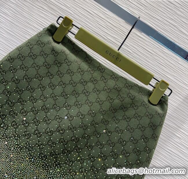 Best Quality Gucci GG and Cotton Padded Mini Skirt with Strass 1015 Green 2025