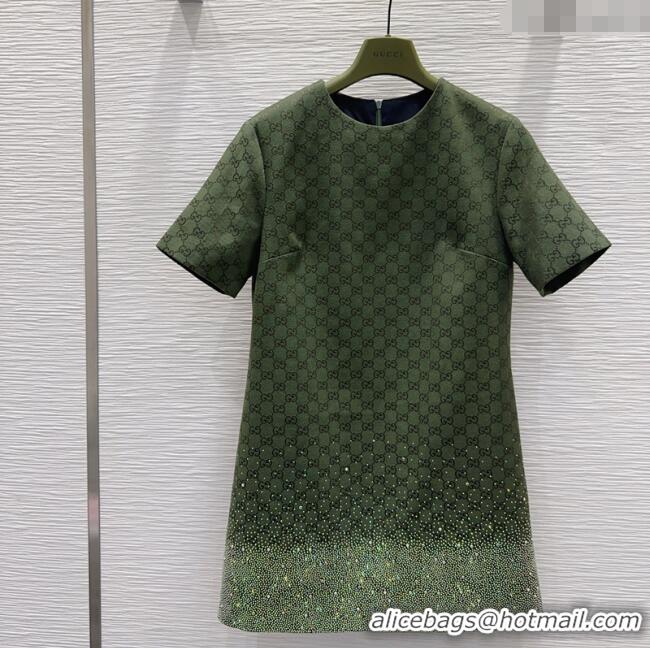 Famous Brand Gucci GG and Cotton Padded Dress with Strass 1015 Green 2025