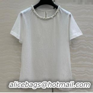 Classic Grade Chanel Cotton T-Shirt with Pearl Collar CH061224 White 2025