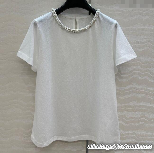 Classic Grade Chanel Cotton T-Shirt with Pearl Collar CH061224 White 2025