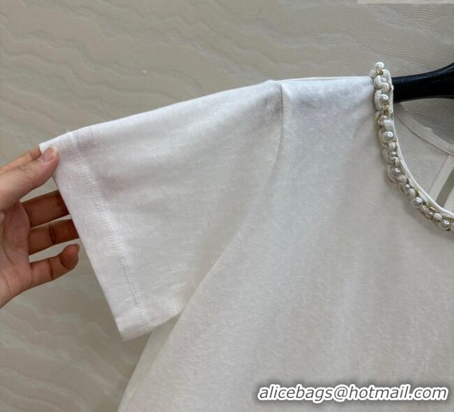 Classic Grade Chanel Cotton T-Shirt with Pearl Collar CH061224 White 2025