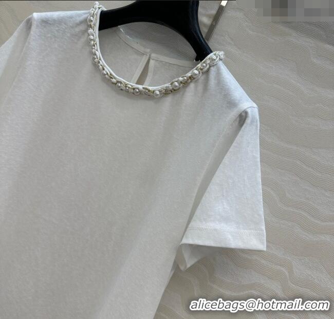 Classic Grade Chanel Cotton T-Shirt with Pearl Collar CH061224 White 2025
