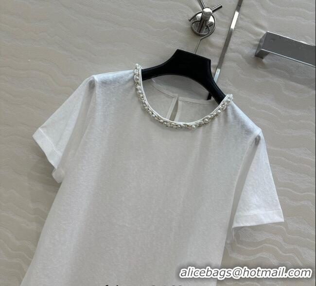 Classic Grade Chanel Cotton T-Shirt with Pearl Collar CH061224 White 2025