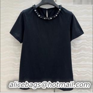 Buy Discount Chanel Cotton T-Shirt with Pearl Collar CH061224 Black 2025