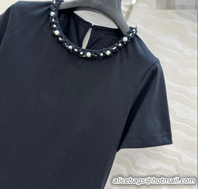 Buy Discount Chanel Cotton T-Shirt with Pearl Collar CH061224 Black 2025