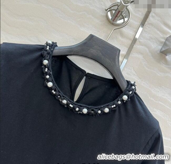 Buy Discount Chanel Cotton T-Shirt with Pearl Collar CH061224 Black 2025