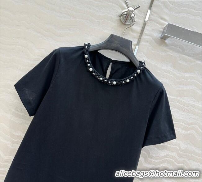 Buy Discount Chanel Cotton T-Shirt with Pearl Collar CH061224 Black 2025